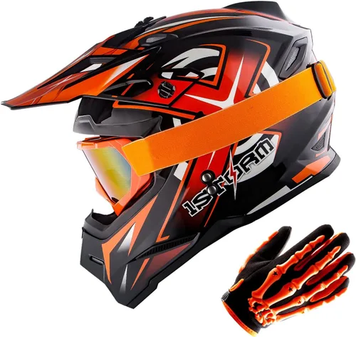 Vista 19 de 1Storm Casco de Motocross para Jóvenes Niños BMX MX Casco de Bicicleta Adolescente Estilo de Carreras; Azul de Carreras + Gafas + Paquete de Guantes
