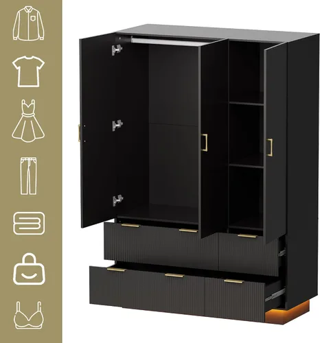 Vista 9 de PAKASEPT Armario Armario con 3 puertas, espejo, luces LED Negro
