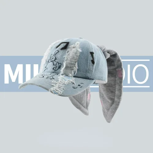 Vista 2 de Y2k - Gorros de mezclilla con orejas de conejo, trajes de Kpop para mujer, gorra de béisbol de hip-hop, gorras grunge para niñas