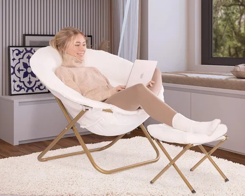Vista 2 de Milliard Silla acogedora/silla platillo de piel sintética para dormitorio/XL (blanco + reposapiés)