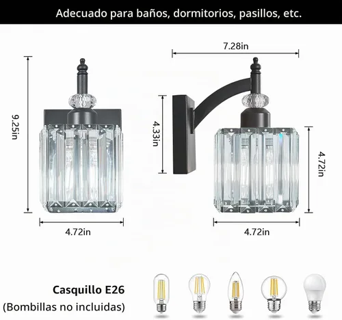 Vista 4 de Juego de dos apliques de pared modernos negros para interiores, lámpara de pared de cristal, lámpara de pared montada en la pared, aplique de pared