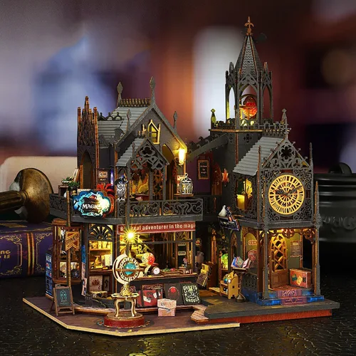 Vista 3 de Kit de Rincón de Libros de Bricolaje - Kit de Casa de Muñecas en Miniatura con Muebles y Luz LED, Rompecabezas 3D de Madera Sujetalibros de Arte