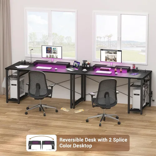 Vista 4 de Armocity Escritorio para computadora con luces LED, escritorio de juegos con toma de corriente y USB, mesa reversible para laptop 40 con soporte