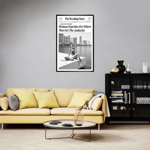 Vista 6 de Lienzo de periódico vintage para pared, diseño de mujer que busca dónde los hombres obtienen la audacia, pósteres retro en blanco y negro del New