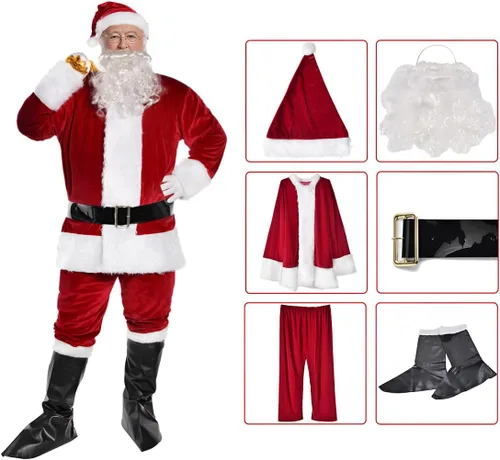 Vista 2 de Trajes de Papá Noel, disfraz clásico de Papá Noel, 9 piezas para hombres adultos, cosplay, vestido de Santa Claus de lujo
