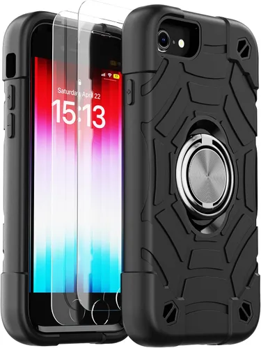 Vista 21 de KCJ Funda para iPhone SE 2022/2020, iPhone 8/7/6/6S, con [2×Protectores de Pantalla][Soporte de Anillo] Silicona Suave+PC Duro Protección Completa