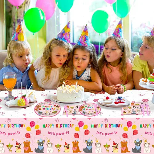 Vista 7 de Juego de 98 piezas de decoración de fiesta de cumpleaños de perro, juego de vajilla para cachorros, platos, servilletas, mantel con temática