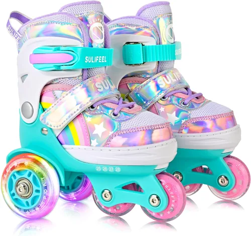 Vista 18 de SULIFEEL Rainbow Unicorn - Patines ajustables de 4 tamaños para niñas y niños de 3-5, 5-8, 6-12 años, patines para interiores y exteriores