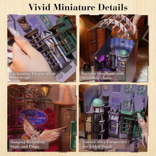 Vista 4 de Harry Potter Diagon Alley Book Nook Kit – Rompecabezas de madera 3D de bricolaje con luces LED Decoración de estantería de bricolaje Mundo