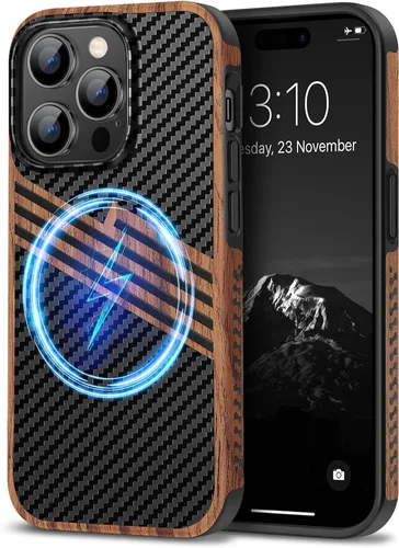 Vista 9 de TENDLIN Compatible con Funda para iPhone 14 de Grano de Madera con Diseño de Textura de Fibra de Carbono, Funda Híbrida de Cuero delgada Negra Negro