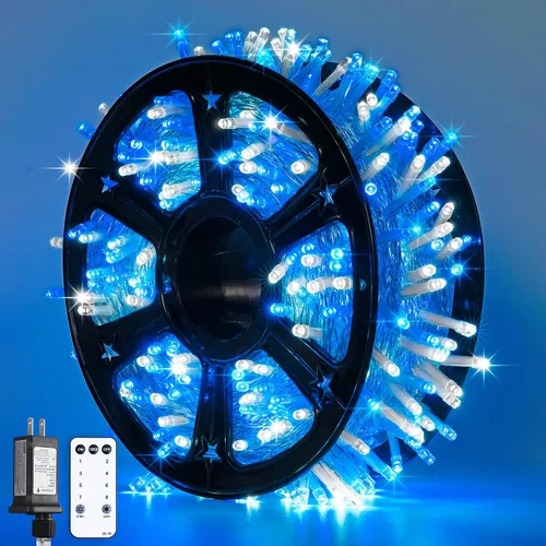 Vista 22 de JMEXSUSS 150 luces LED azules de Navidad para interiores y exteriores, luces de cadena conectables de 59 pies con enchufe, 8 modos de luces de hadas