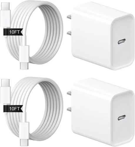 Vista 10 de Cargador de carga rápida para iPhone 17, 16, 15, paquete de 2+2 cargadores de pared USB C de 20 W con cable de carga rápida de 6 pies compatible