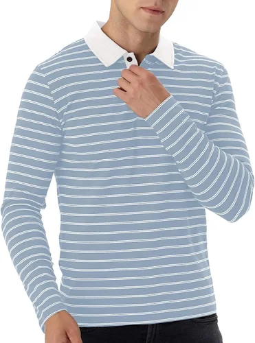 Vista 2 de MLANM Polo para hombre de manga cortalarga, informal, ajustado, diseño básico, a rayas, de algodón