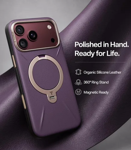Vista 2 de TORRAS Funda de cuero para iPhone 18 Pro Max, soporte magnético 360, morado Morado borgoña.
