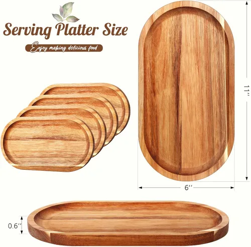 Vista 2 de Yaomiao 4 bandejas de madera de acacia ovaladas de madera rústica, bandeja decorativa grande natural para comida, charcutería, queso, pan, fruta