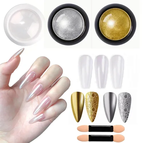 Vista 16 de Polvos holográficos de espejo para uñas, efecto dorado cromado, lentejuelas de polvo metálico puro, gel UV, pigmento de polvo cromado negro