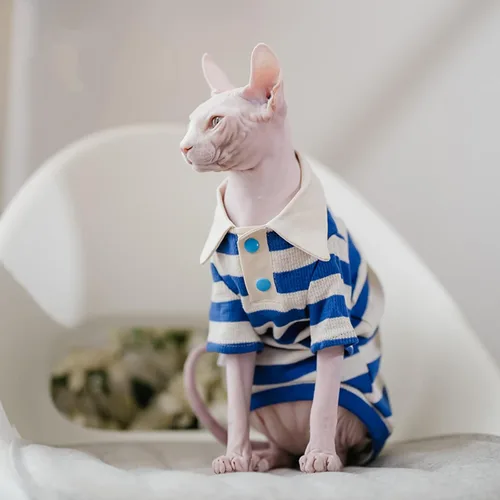 Vista 2 de Sphynx - Camiseta polo de algodón sin pelo con mangas para gato Polo Azul Blanco