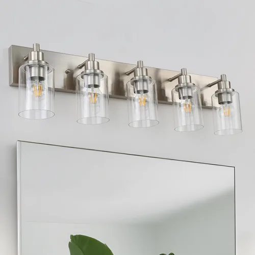 Vista 12 de LOUSACE Lámpara de tocador de baño de 3 luces, lámparas de baño negro mate sobre el espejo, iluminación moderna de baño con pantalla de vidrio