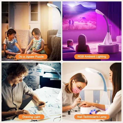 Vista 6 de Lámpara de escritorio LED con control táctil y cuello de cisne de 360 grados, 9 modos de iluminación con 5 colores RGB para luz de lectura en casa