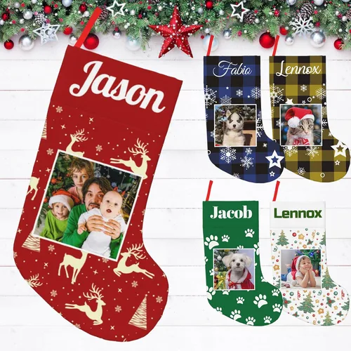 Vista 9 de Medias de Navidad personalizadas de 18 pulgadas, medias personalizadas de Navidad con nombre, imagen personalizada, gato, mascota, adorno