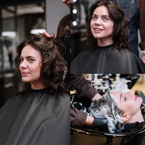 Vista 3 de Geyoga Capa corta de maquillaje para mujeres y hombres, mini capa de corte de pelo para artista, champú, salón de belleza, estilo de artista (negro)