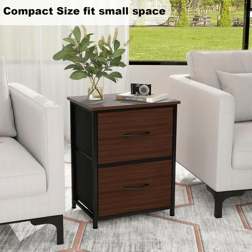 Vista 4 de LubanNese Mesita de noche con 2 cajones de tela, mesita de noche pequeña para habitación de los niños, mesa auxiliar con parte superior de madera