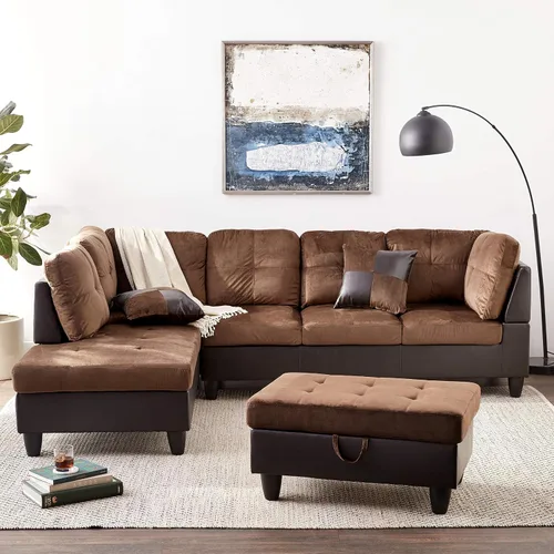 Vista 2 de Beverly Fine Furniture Andes - Juego de sofá de piel de microfibra con otomana, color marrón