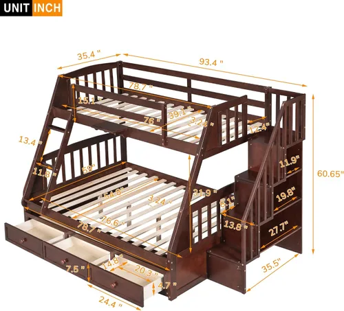 Vista 2 de DEINPPA Litera desmontable individual sobre matrimonial con escalera, se puede dividir en 2 camas individuales, litera de madera con cajones