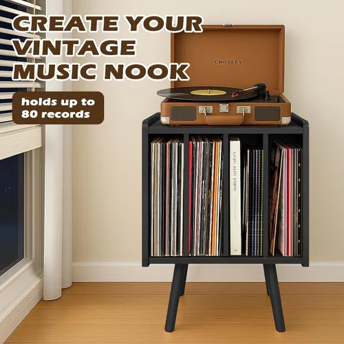 Vista 3 de Soporte para tocadiscos, mesa de almacenamiento de discos de vinilo con 4 gabinetes, soporte giratorio moderno de mediados de siglo, mesa