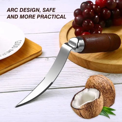 Vista 3 de DOITOOL Herramienta de eliminación de carne de coco cuchillo raspador de coco fresco de acero inoxidable con mango ergonómico de madera