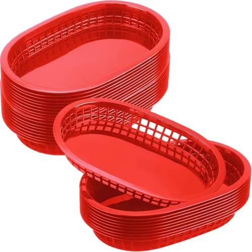 Vista 8 de Potchen 60 cestas de comida rápida para servir 10.5 x 7 pulgadas, cesta de plástico ovalada retro, bandeja de servicio de alimentos para Negro