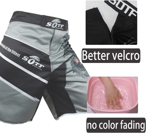 Vista 4 de pantalones cortos deportivos gris Muay Thai Boxeo troncos MMA para hombre