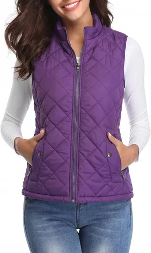 Vista 18 de Fuinloth Women's Quilted Vest Lightweight Puffer Stand Collar Zip Gilet Beige