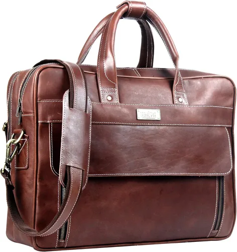 Vista 3 de Maletín de cuero genuino vintage hecho a mano para hombres, 17 pulgadas, maletín para computadora portátil, viaje de negocios, trabajo, mensajero