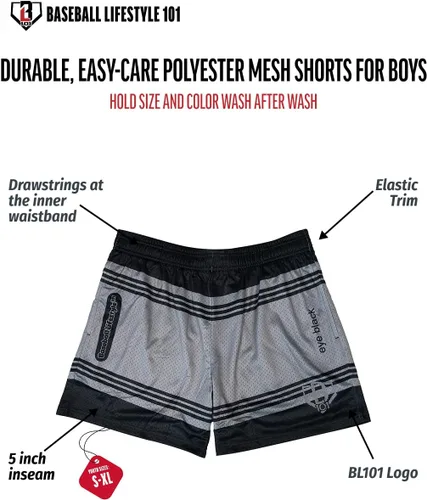 Vista 3 de Baseball Lifestyle 101 Pantalones cortos de malla Crayon para niño con bolsillos laterales y cintura elástica, 5 pulgadas de entrepierna, tallas