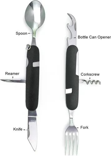 Vista 4 de Juego de cubiertos multifunción 6 en 1 para acampar, cuchara desmontable, tenedor, cuchillo, kit combinado con bolsa de transporte