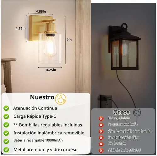Vista 6 de Juego de 2 lámparas de pared, apliques de pared que funcionan con pilas, lámpara de pared moderna de latón cepillado ajustable inalámbrica