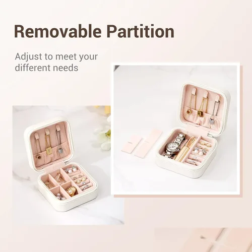 Vista 5 de Casegrace - Mini joyero portátil de viaje de cuero para joyas organizador de anillos caja de regalo para niñas y mujeres