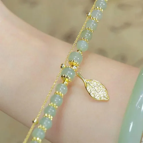 Vista 3 de Gofinoday Hetian Jade - Pulsera de hoja de oro, pulsera de temperamento elegante de jade hetiano, 12 pulseras de jade para mujer (2 unidades)