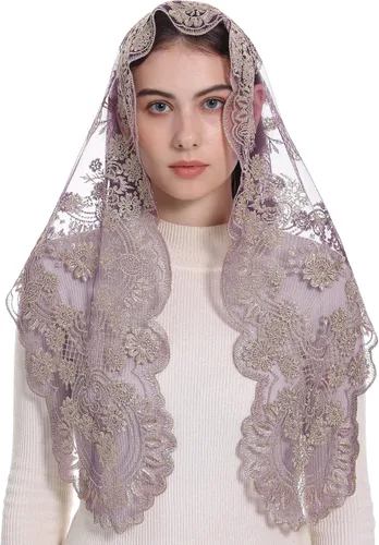 Vista 3 de Bozidol Velo de malta de capilla católica triangular bordado de camelia bufanda de misa latina velo de encaje de iglesia con caja de regalo
