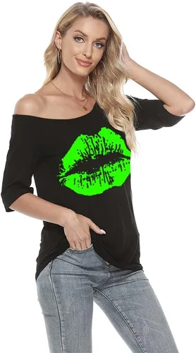Vista 4 de MAGICMK Camiseta casual de talla grande con estampado de labios y hombros descubiertos para mujer