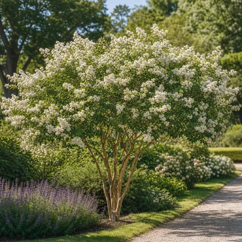 Vista 2 de Crape Myrtle Natchez 3 plantas vivas Lagerstroemia Indica Hermoso árbol floreciente blanco de bajo mantenimiento