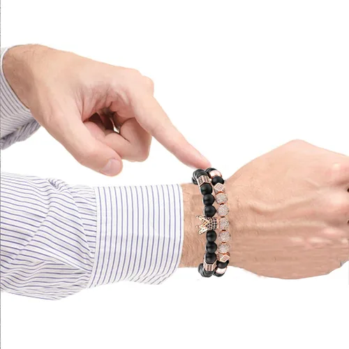 Vista 3 de YuziJewy 2 pulseras de cuentas de corona para hombres y mujeres, pulseras de cuentas de ágata negra de 0.315in, pulsera de piedra de ágata negra