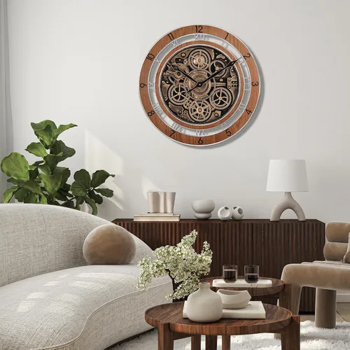 Vista 4 de Lafocuse Real Moving Gears - Reloj de pared marrón vintage, reloj de engranaje steampunk de 21 pulgadas con números arábigos y romanos, reloj