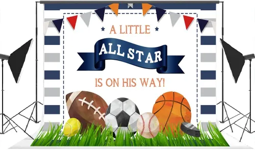 Vista 4 de Lofaris A Little All Star is On His Way - Telón de fondo para baby shower, niños, deportes, cumpleaños, fútbol, baloncesto, tenis, golf, recién