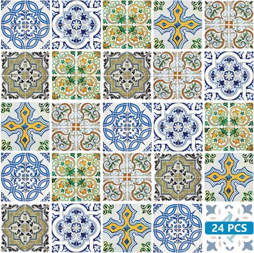 Vista 23 de Juego de 24 calcomanías para azulejos de salpicaduras en muro, azulejos tradicionales de Talavera, calcomanías para azulejos de baño y cocina