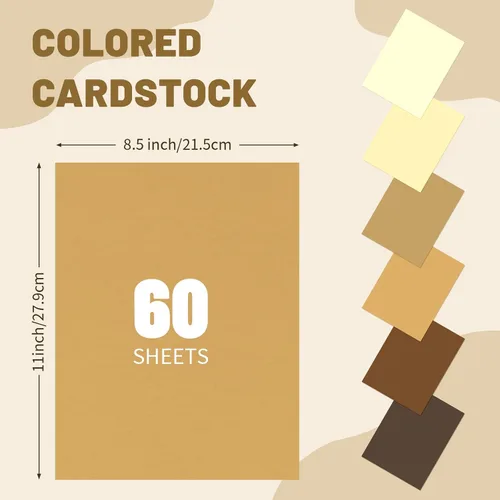 Vista 2 de 60 Sheets 8.5" x 11" Brown Cardstock, 6 Assorted Shades 250GSM/92lb Thick Construction Paper for Printer, Card Making, DIY Crafts, Scrapbooking