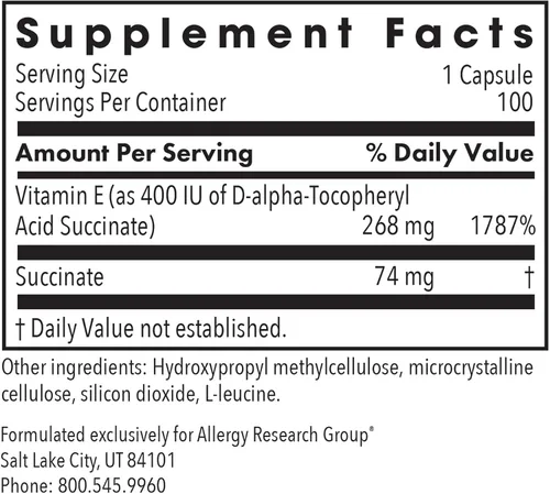Vista 2 de Allergy Research Group Succinato de Vitamina E 400 Iu 100 Cápsulas Vegetales