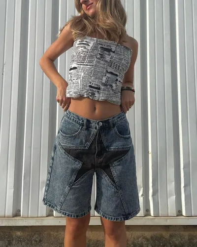 Vista 2 de Aelfric Eden Unisex Star Patchwork Jorts Mujer Denim Shorts Hombres Y2K Casual Loose Streetwear Jeans Shorts