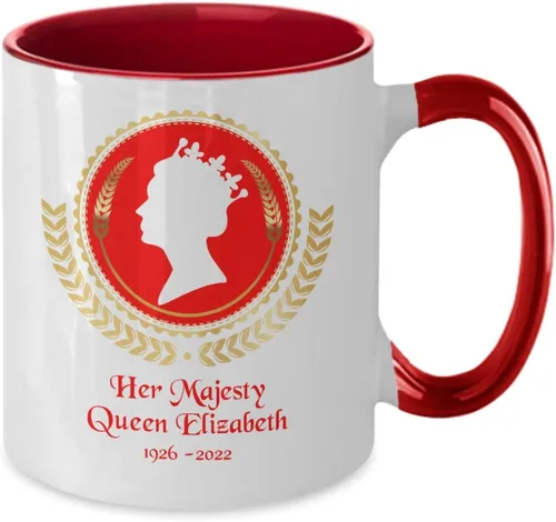 Vista 2 de Taza de la reina Isabel, Reina Isabel II, taza con corona de laurel de camafeo rojo, taza de conmemoración, taza de conmemoración, taza